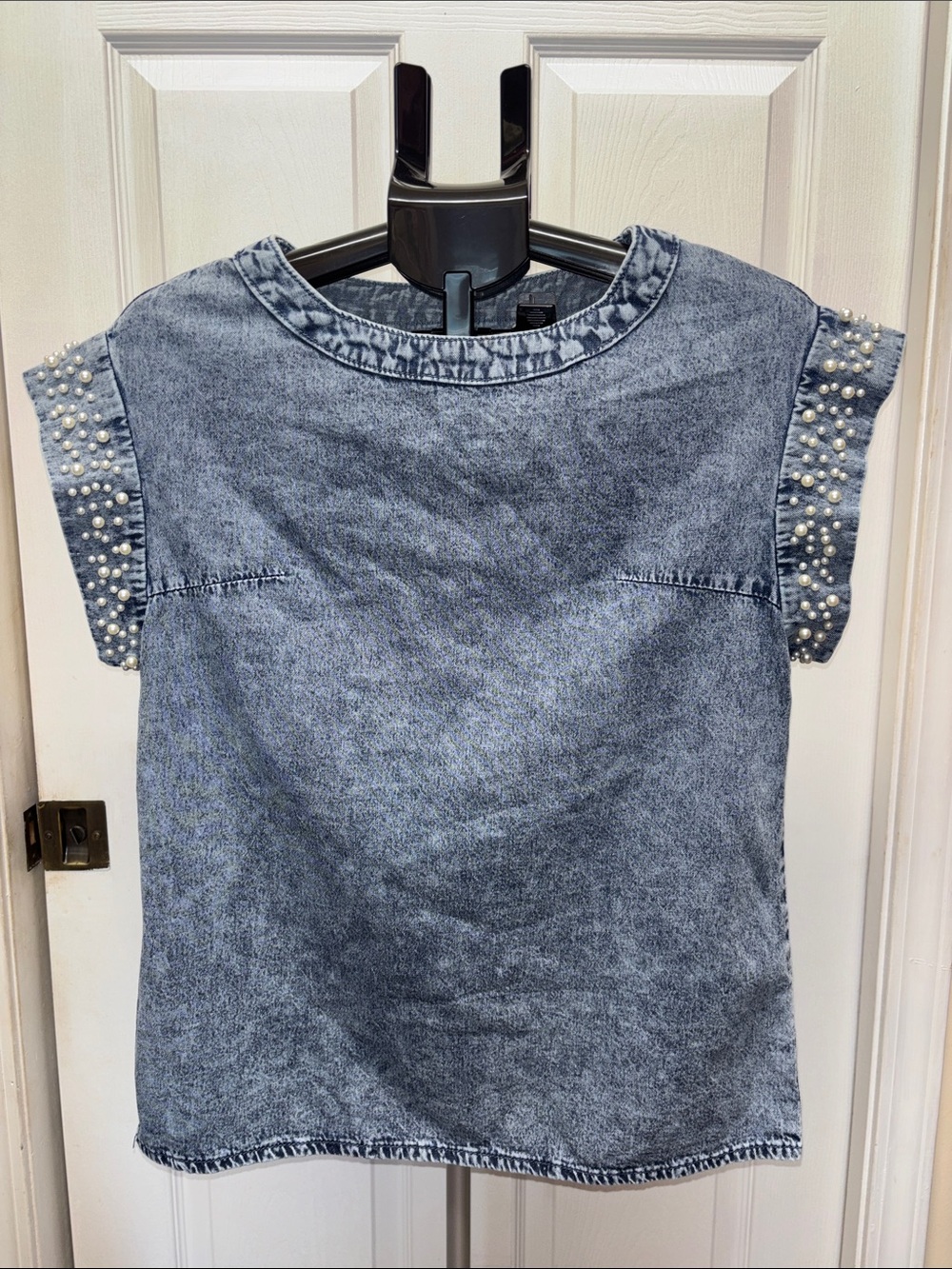 Acid Wash Denim Top with Pearl-Embellished Cap Sleeves Small